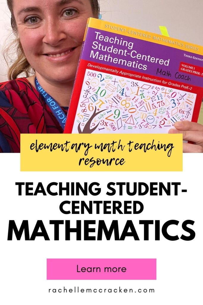 A math teacher holding an elementary math teaching resource with text overlay Teaching Student-Centered Mathematics