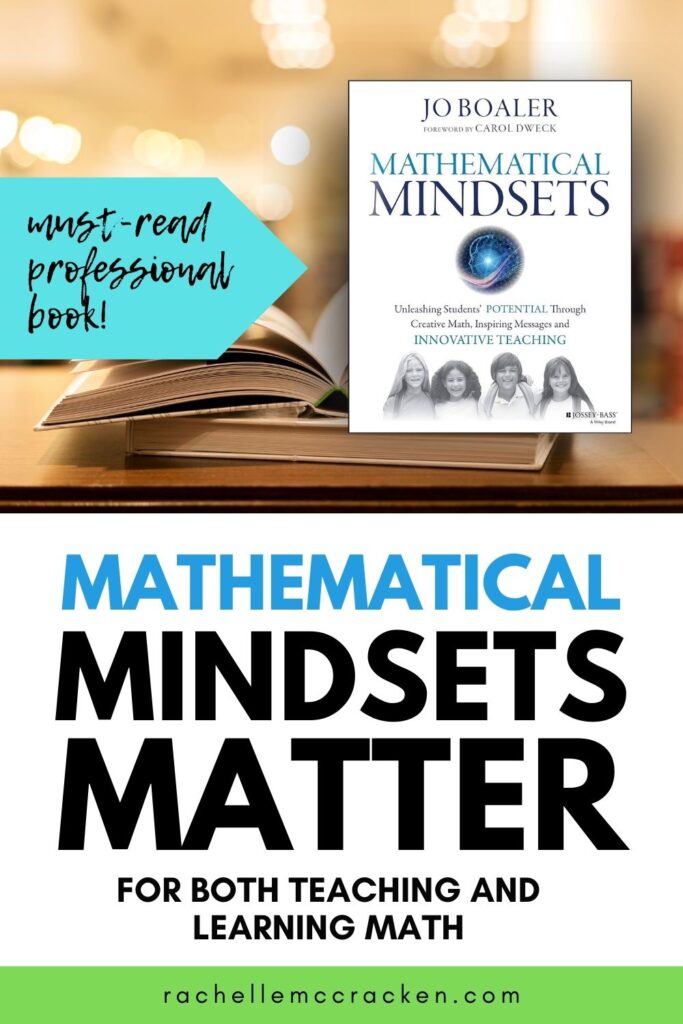 Professional book recommendation with text overlay Mathematical Mindsets Matter for Both Teaching and Learning Math