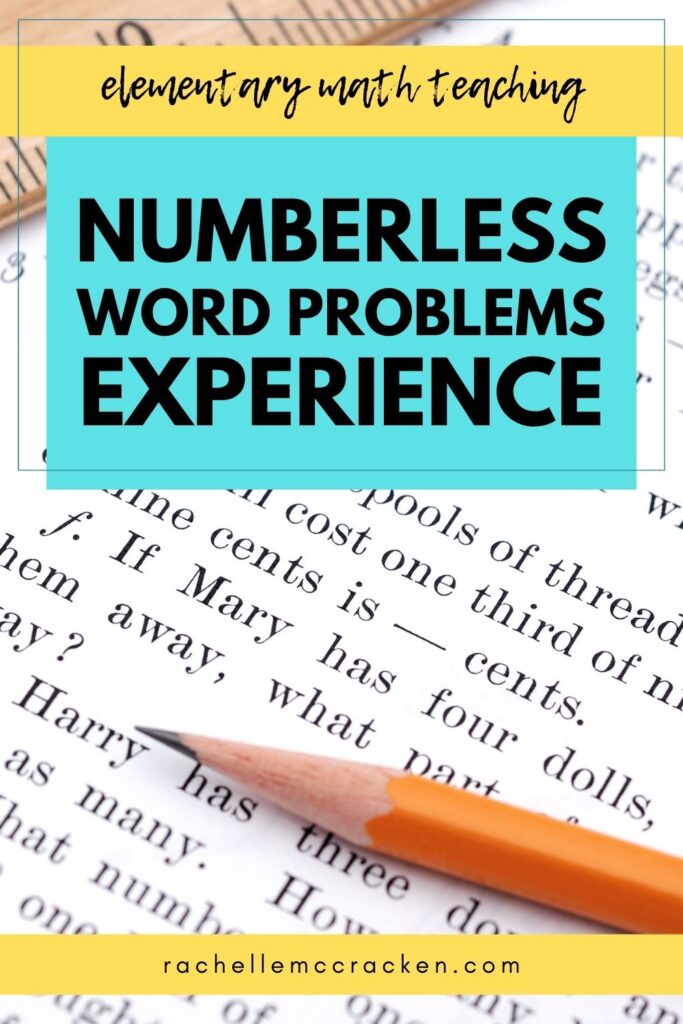 Math school book and pencil with text overlay Elementary math teaching numberless word problems experience | rachellemccracken.com
