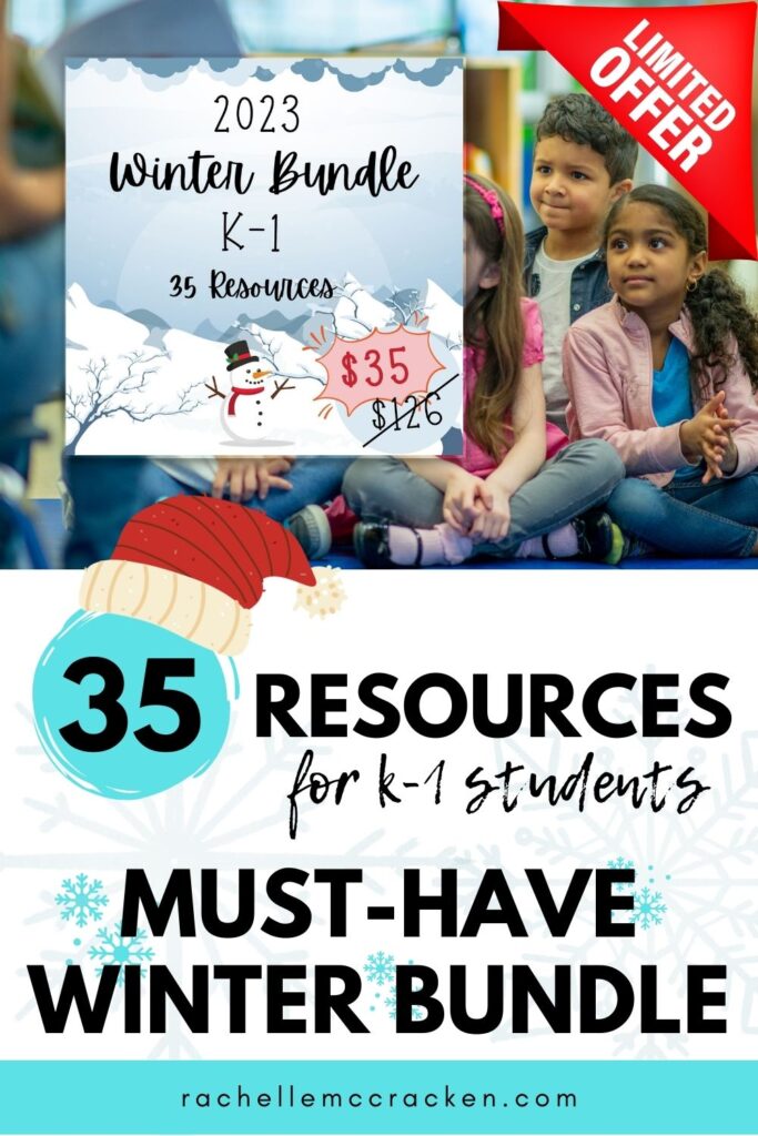 K-1 students with overlay image of the winter bundle with 35 resources
